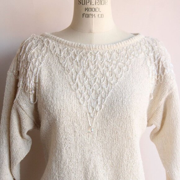 Vintage 1980s Sweater, Bonnie Boerer Ivory Pullover with Fringed Beading, - Picture 3 of 10